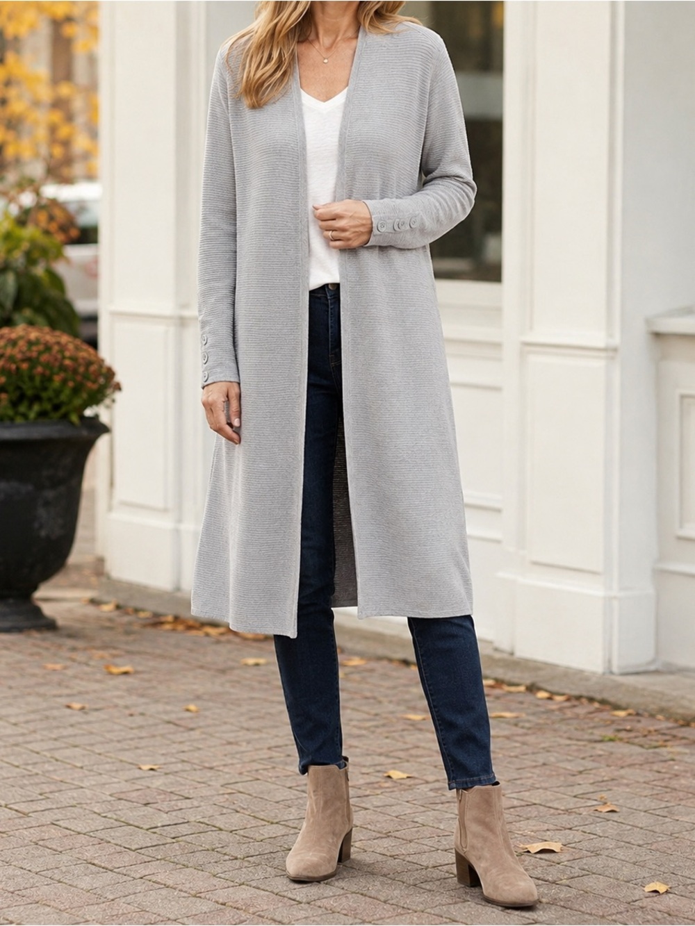 Talbots Plus 1X Gray Longline Open Front Cardigan Duster Cotton Modal